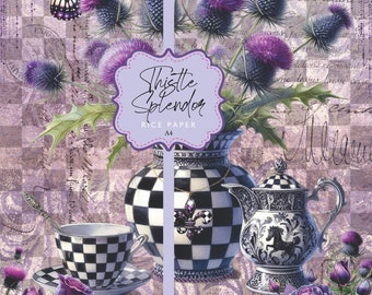 Rice Paper Thistle Splendor Purple Whimsy Check Vase Tartan Fleur de lis Butterfly A4