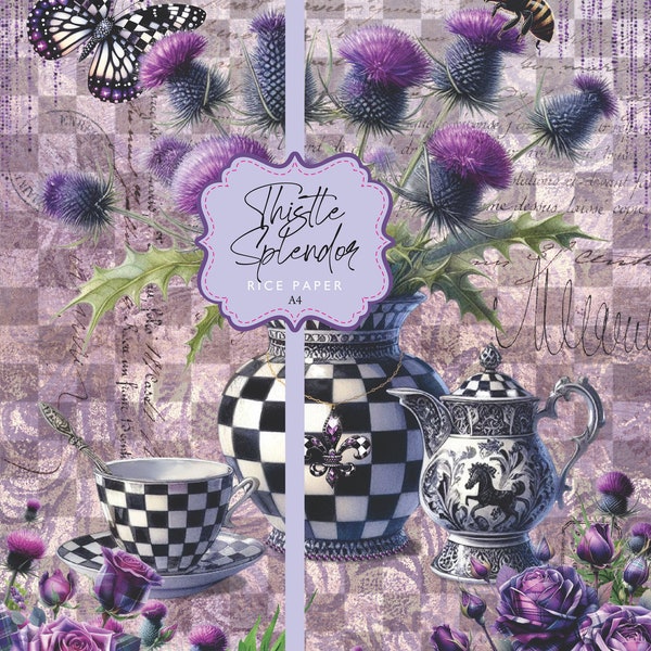 Rice Paper Thistle Splendor Purple Whimsy Check Vase Tartan Fleur de lis Butterfly A4