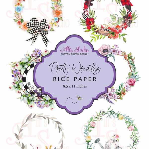 Rice Paper Whimsy Pretty Wreaths Cardinal Butterflies Floral Printable DIY A4