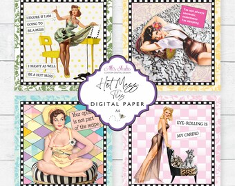 Hot Mess Pin-Up Girl tegels 4 x 4 Ephemera digitaal papier A4 afdrukbare DIY