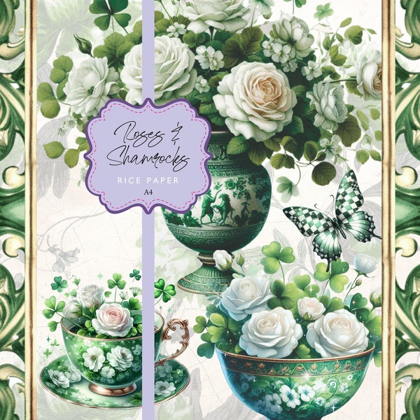Rice Paper Roses Shamrocks Green Toile Tea Cup Chinoiserie St Paddy's Day Gold Clover Shamrock A4