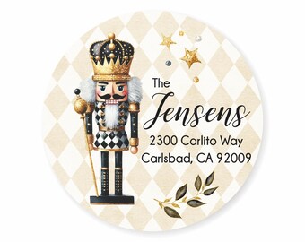 Christmas Nutcracker Harlequin Sparkle Holiday Round Address Labels / Stickers