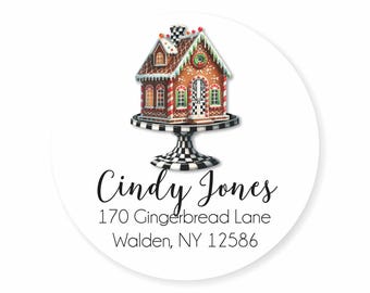 Gingerbread House Christmas Holiday Round Christmas Address Labels / Stickers