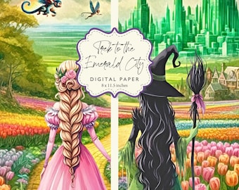 Emerald City gele baksteen Glinda boze heks aquarel Elphaba Oz decoupage digitaal papier 8 x 11,5 afdrukbare DIY