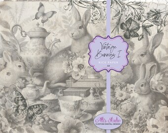 Rice Paper Vintage Bunnies 1 Rabbits Old World Crackle Monotone Neutral Renaissance Tea Set Florals A4