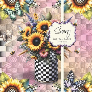 Sunflowers Checks Sunny Butterflies Florals Digital Paper 8.5x11 Printable DIY