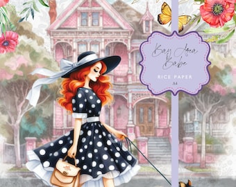 Rice Paper Bay Area Babe Dog Walk Red Haired Lady Chihuahua Black and White Polka Dot Dress Poppy Decoupage Florals A4