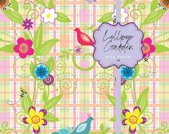 Rice Paper Lollipop Garden Floral Whimsical Plaid Birds Bee A4