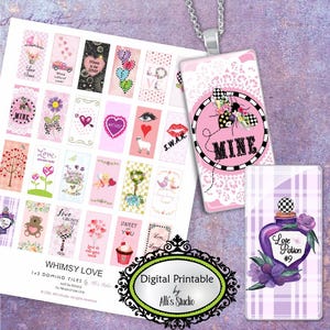Digital Download Whimsy Love Valentine&#39;s Domino Collage Sheet, Printable, 1x2 Inch, Domino Collage, Printable Dominoes, Dominos