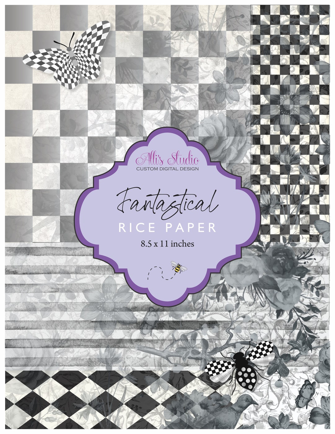 Rice Paper Check Toile Harlequin Black White Stripes Bee Butterfly ...