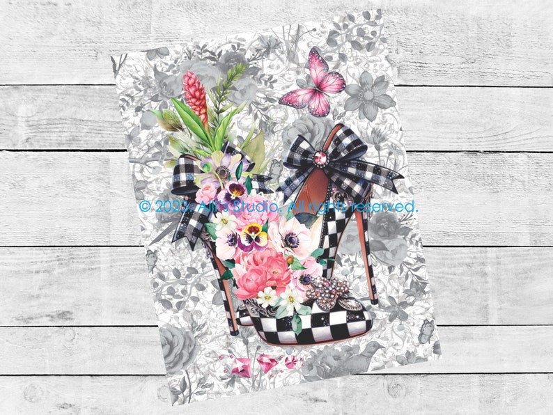 Rice Paper Enchanted High Heel Stiletto Whimsy Check Toile Floral Decoupage Collage A4 image 3