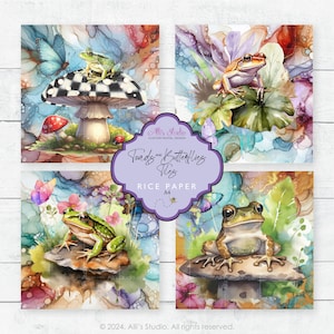 May include: Four digital paper designs featuring watercolor illustrations of frogs and butterflies. The designs include a frog on a mushroom, a frog on a rock, a frog on a leaf, and a frog on a mushroom with a butterfly. The designs are set against a colorful background with abstract shapes and textures.