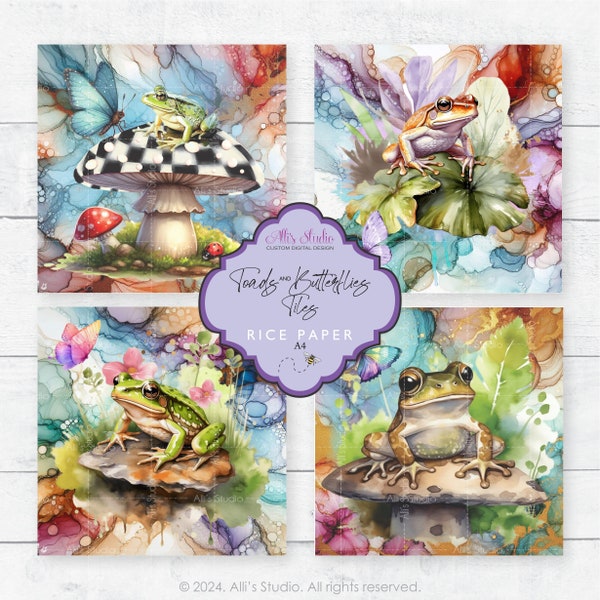 Rice Paper Toads and Butterflies Tiles 4x4 Frogs Toadstool Mushrooms Alcohol Ink A4