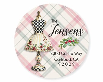 Christmas Dress Form Holly Plaid Round Christmas Address Labels / Stickers