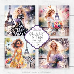 Elle est allée à Paris 4 x 4 carreaux filles tour Eiffel Seine carré éphémère papier numérique imprimable bricolage