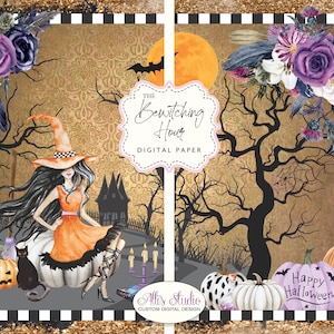 Bewitching Hour Witch Pumpkins Halloween Whimsy Black Cat Haunted Mansion Decoupage Collage Ephemera Digital Paper 8.5x11 Printable DIY