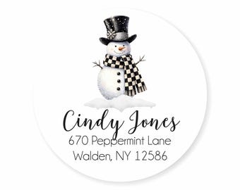 Snowman Christmas Check Scarf Holiday Round Address Labels / Stickers