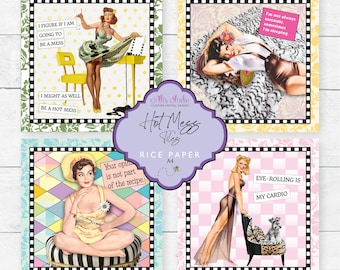 Rice Paper 4 inch Tiles Hot Mess 4x4 Pin Up Girls Square Ephemera A4