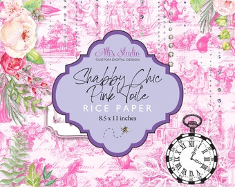 Rice Paper Pink Toile Roses LOVE Pocket Watch Bling A4
