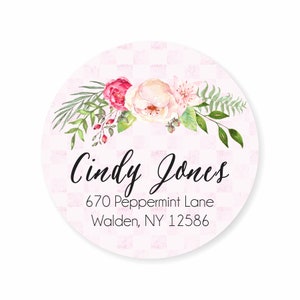 Pink Rose Peony Check Floral Personalized Address Labels Stickers