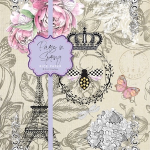 Rice Paper Paris in Spring Queen Bee Romantic Vintage Ephemera A4 image 1