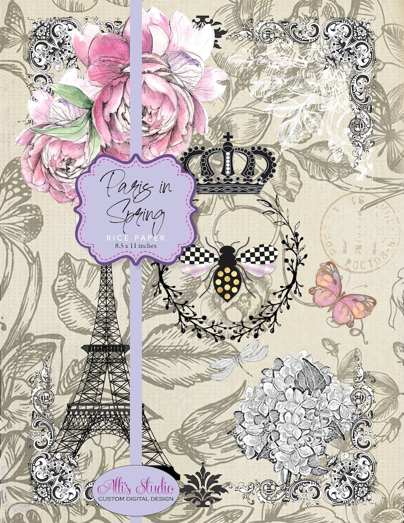 Rice Paper Paris in Spring Queen Bee Romantic Vintage Ephemera A4 image 1