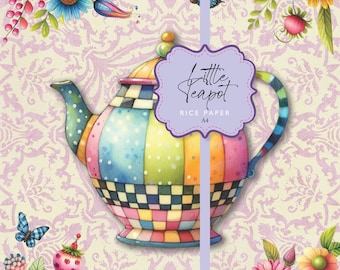 Rice Paper Little Teapot Whimsical Tea Party Checks Florals Decoupage Colorful Collage A4