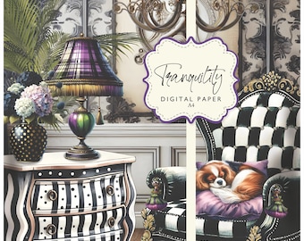 Tranquility Cavalier King Charles Spaniel Queen Anne Chair Chandelier Black and White Decoupage Florals Digital Paper 8x11.55 Printable DIY