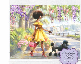 Rice Paper Charleston Lady in Yellow Dog Walk Black Poodle Harbor Floral Spanish Moss Oak Tree Decoupage Florals A4