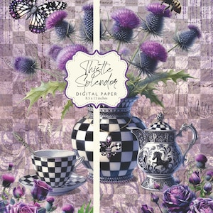 Chardon splendeur violet fantaisie chèque vase tartan fleur de lys papillon éphémères papier numérique 8,5 x 11 imprimable bricolage