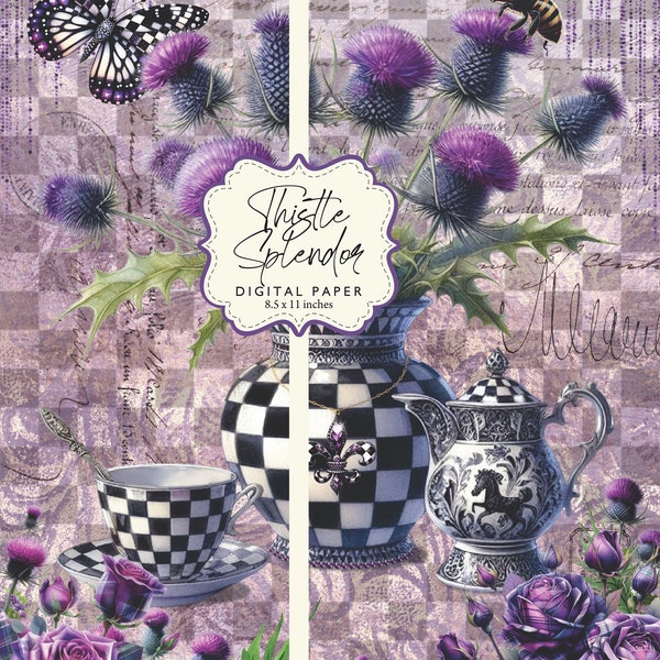 Thistle Splendor Purple Whimsy Check Vase Tartan Fleur de lis Butterfly Ephemera Digital Paper 8.5x11 Printable DIY