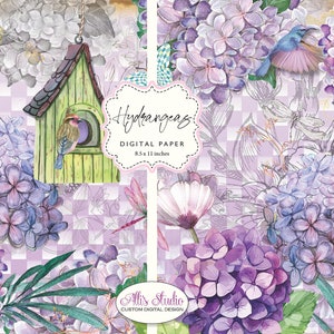 Hydrangeas Purple Bird House Birds Dragonfly Butterfly Digital Paper 8.5x11 Printable DIY