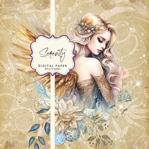 Papel digital Serenity Angel Sparkle Glitter Christmas Gold Shimmery Happy Holidays 8.5x11 para imprimir y hacer tú mismo