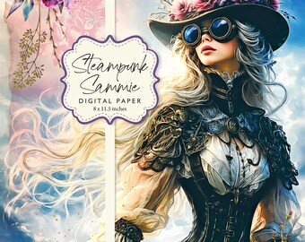 Steampunk Sammie Woman paars groen pioen Whimsy decoupage digitaal papier 8 x 11,5 afdrukbare DIY