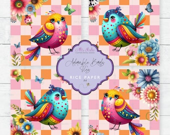 Rice Paper 4x4 Tiles Adorable Birds Whimsical Checks Pink Orange Teal Floral Colorful Ephemera A4