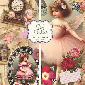Winzige Tänzerin Ballett Ballerina Vintage Rosen Scrapbook Antike viktorianische Ephemera Digitales Papier 8.5x11 Printable DIY