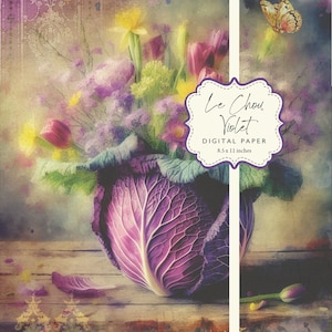 Fioletowa kapusta wiosenne kwiaty Le Chou fioletowy vintage stary świat renesans motyl kwiaty A4 cyfrowy papier 8.5x11 do druku DIY