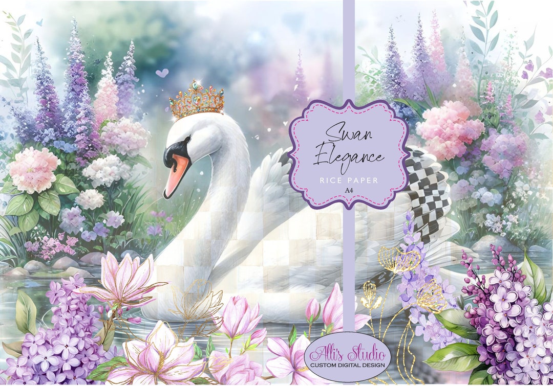 Pink Swan Rice Paper Rice Paper Elegant Swan Pond Pinks Purples Florals Checks Whimsical ...