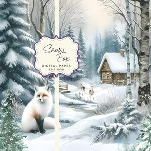 Snow Fox White Arctic Polar Christmas Happy Holidays Cabin Snow Woods digitaal papier 8,5 x 11 afdrukbare DIY