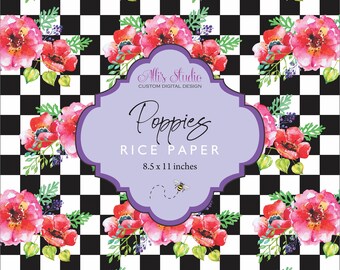 Rice Paper Poppies Poppy Black and White Check Whimsical A4