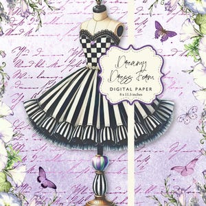 Forme de robe gloire du matin rêveuse papillon violet carreaux serviettage collage collage éphémère A4 fantaisie papier numérique imprimable bricolage