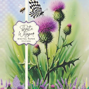 Thistle Whisper Butterfly Bee Lavender Green Digital Paper 8.5x11 Printable DIY
