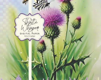 Thistle Whisper Butterfly Bee lavendelgroen digitaal papier, afdrukbaar 8,5 x 11, DIY