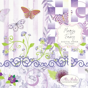 Papel digital para collage de mariposas, nomeolvides, lavanda, morado, Mary's Fancy Whimsy Check Toile, efímera, 8,5 x 11 pulgadas, para imprimir y hacer tú mismo