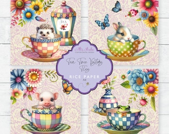 Rice Paper 4x4 Tiles Tea Time Visitors Whimsical Tea Party Checks Floral Colorful Ephemera A4