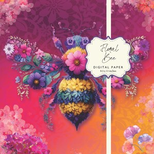 May include: Digital paper featuring a bee made of colorful flowers on a pink and orange gradient background. The text "Floral Bee" and "Digital Paper 8.5 x 11 inches" is in a white oval. The text "Allis Studio CUSTOM DIGITAL DESIGN" is at the bottom of the image.
