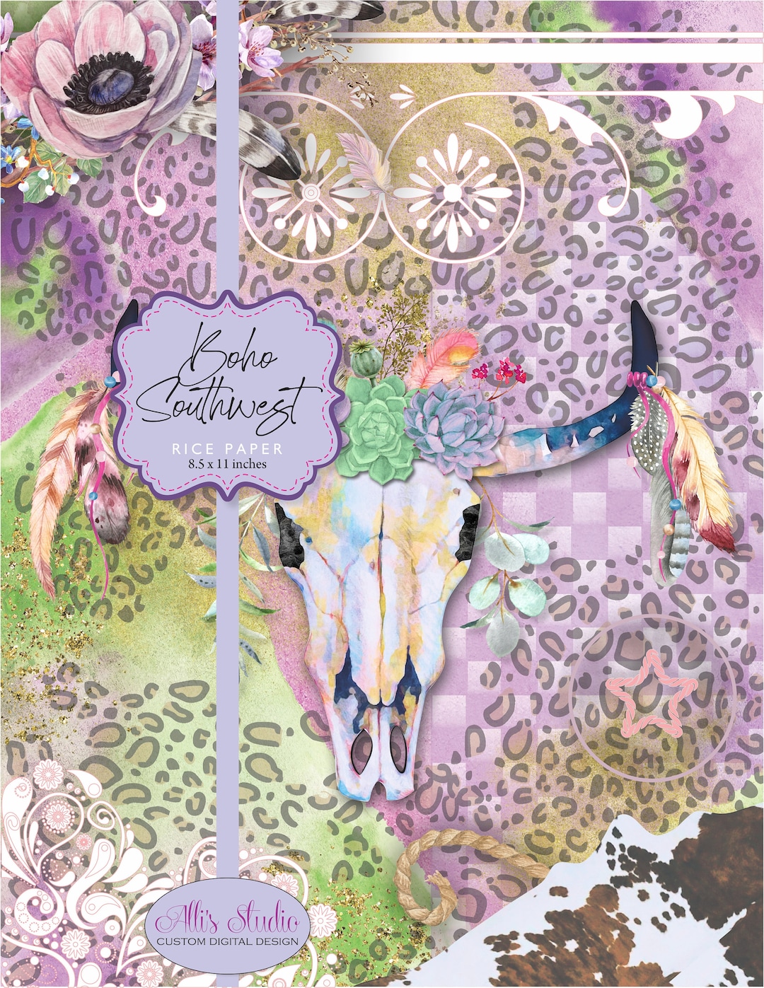 Rice Paper Boho Southwest Cow Bull Skull Feathers Ephemera DIY ...