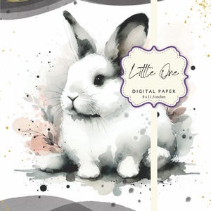 Little One Bunny Rabbit Aquarell Schwarz Weiß Gold Rosa Digitales Papier 8x11.5 A4 Printable DIY