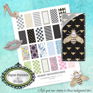 May include: Printable digital paper with 16 different background patterns in black, white, and pastel colors. The patterns include polka dots, stripes, checkerboards, and floral designs. The paper is labeled "Whimsy Backgrounds 1x2 Domino Tiles".