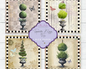 Rice Paper 4x4 Tiles Topiary Moss Urn Damask Checks Butterflies Vintage Ephemera A4